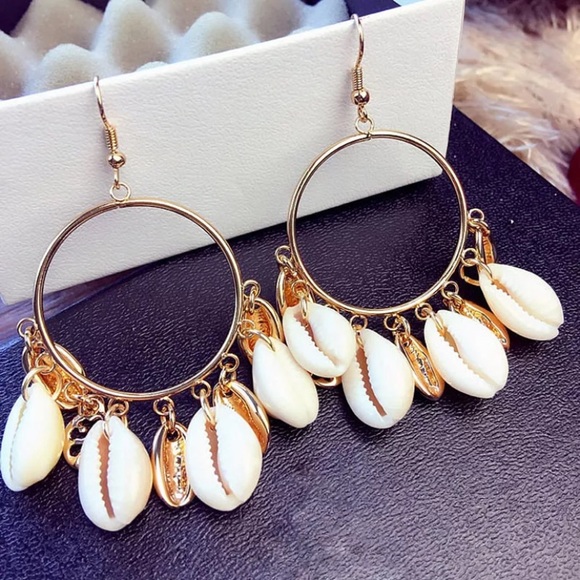 Bohemian Gold Hoop Cowrie Shell Earrings - Picture 2 of 6
